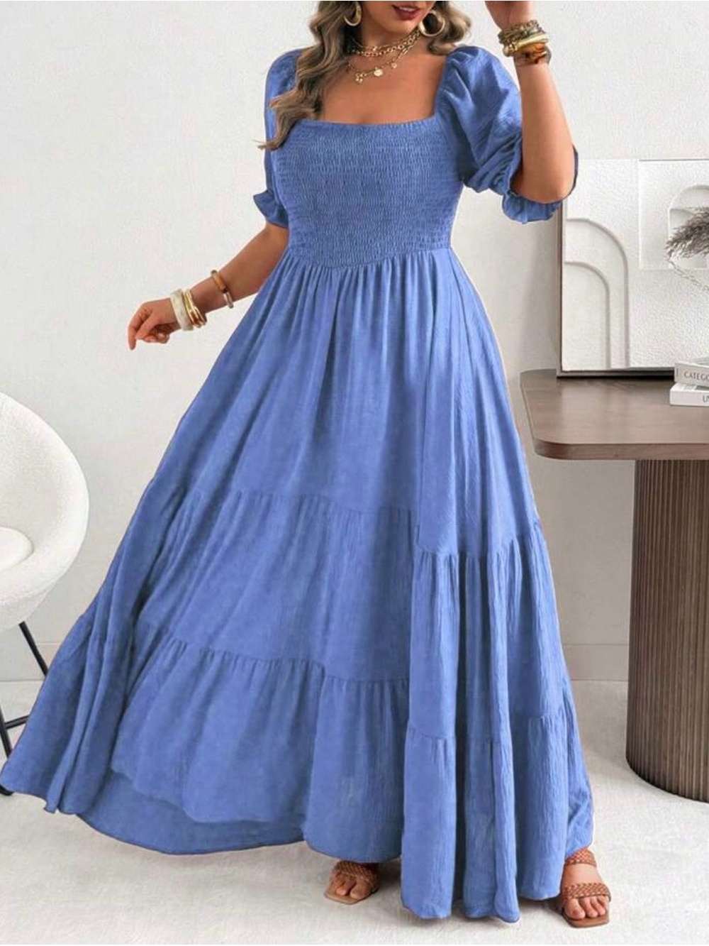 Blue Smocked Bodice Maxi Dress - Classic Women's Dress